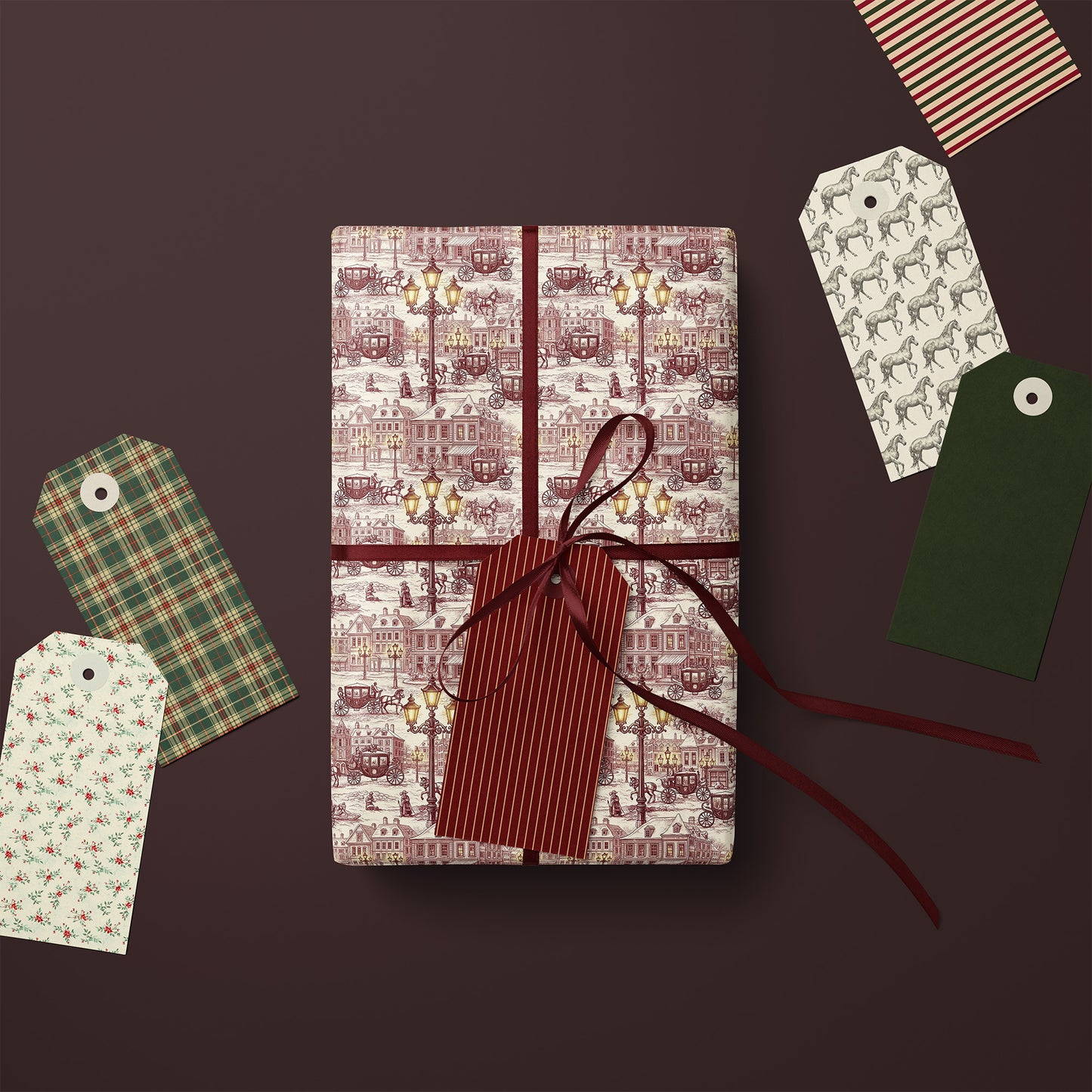 Burgundy Town Square with Carriage and Street Lights Vintage Toile de Jouy Winter Gift Wrapping Paper Sheets