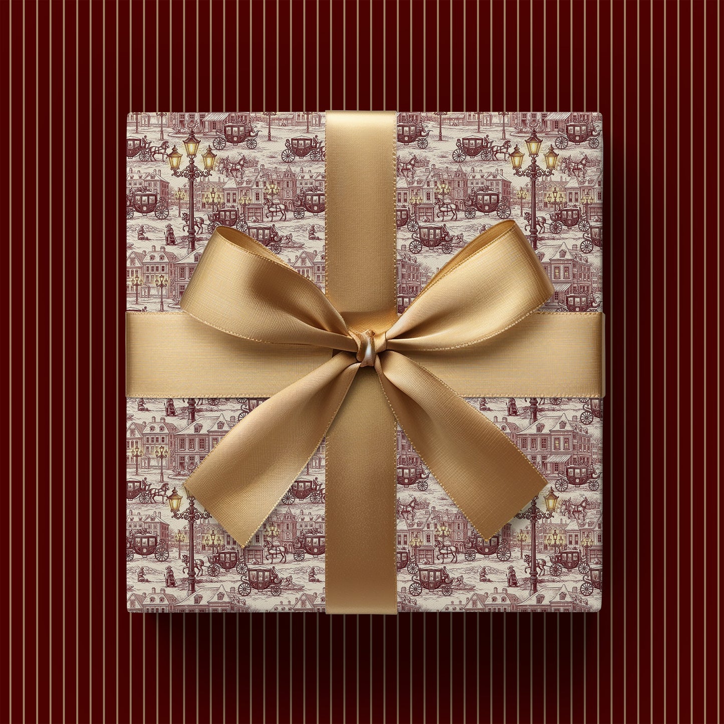 Burgundy Town Square with Carriage and Street Lights Vintage Toile de Jouy Winter Gift Wrapping Paper Sheets