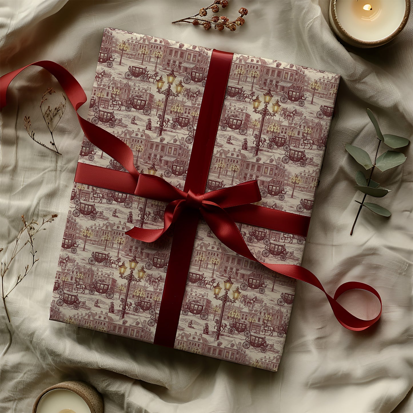 Burgundy Town Square with Carriage and Street Lights Vintage Toile de Jouy Winter Gift Wrapping Paper Sheets