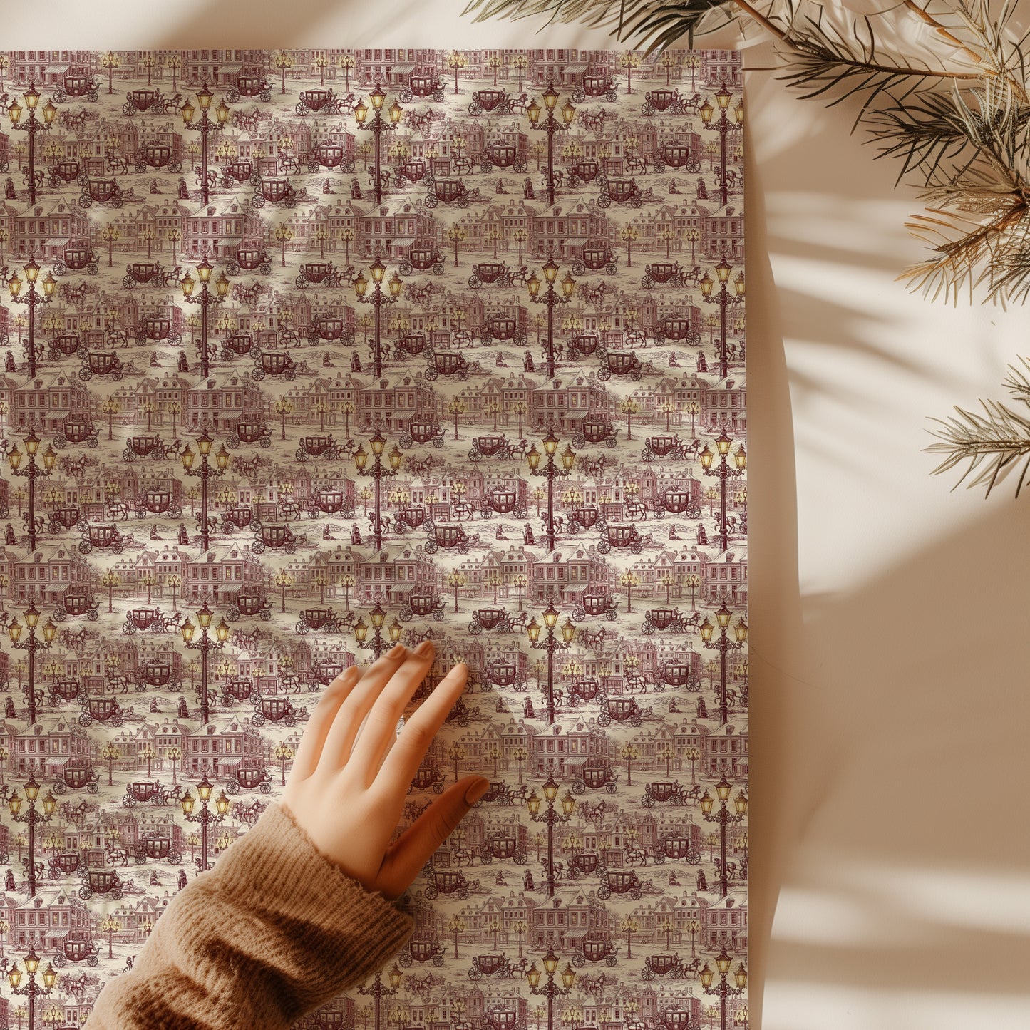 Burgundy Town Square with Carriage and Street Lights Vintage Toile de Jouy Winter Gift Wrapping Paper Sheets