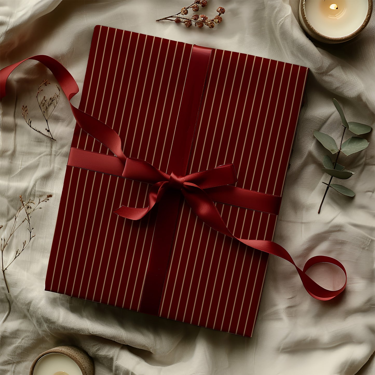 Burgundy Red and Gold Classic Ticking Stripe Gift Wrapping Paper Sheets