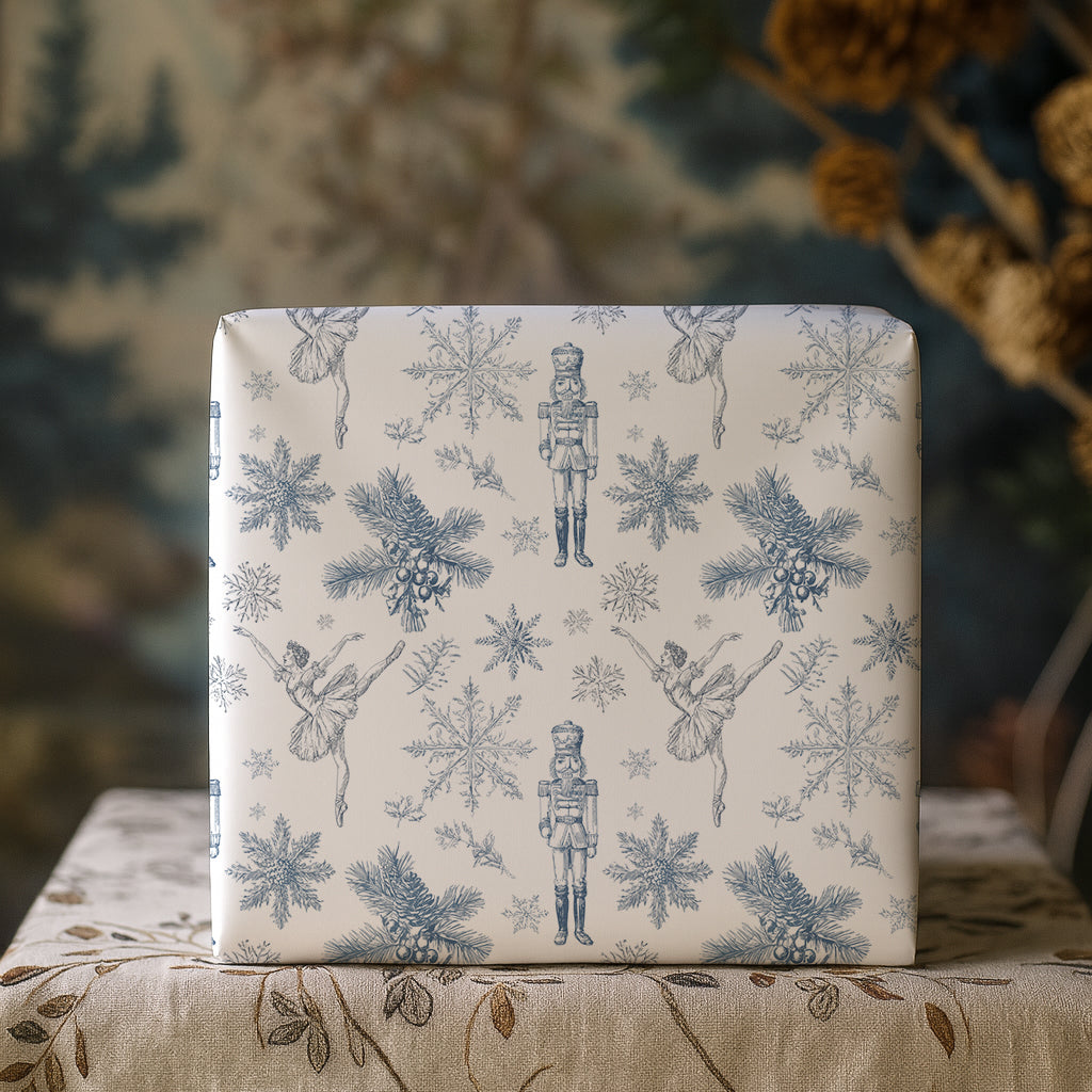 Blue Nutcracker and Ballerina Toile de Jouy Vintage Christmas Gift Wrapping Paper Sheets
