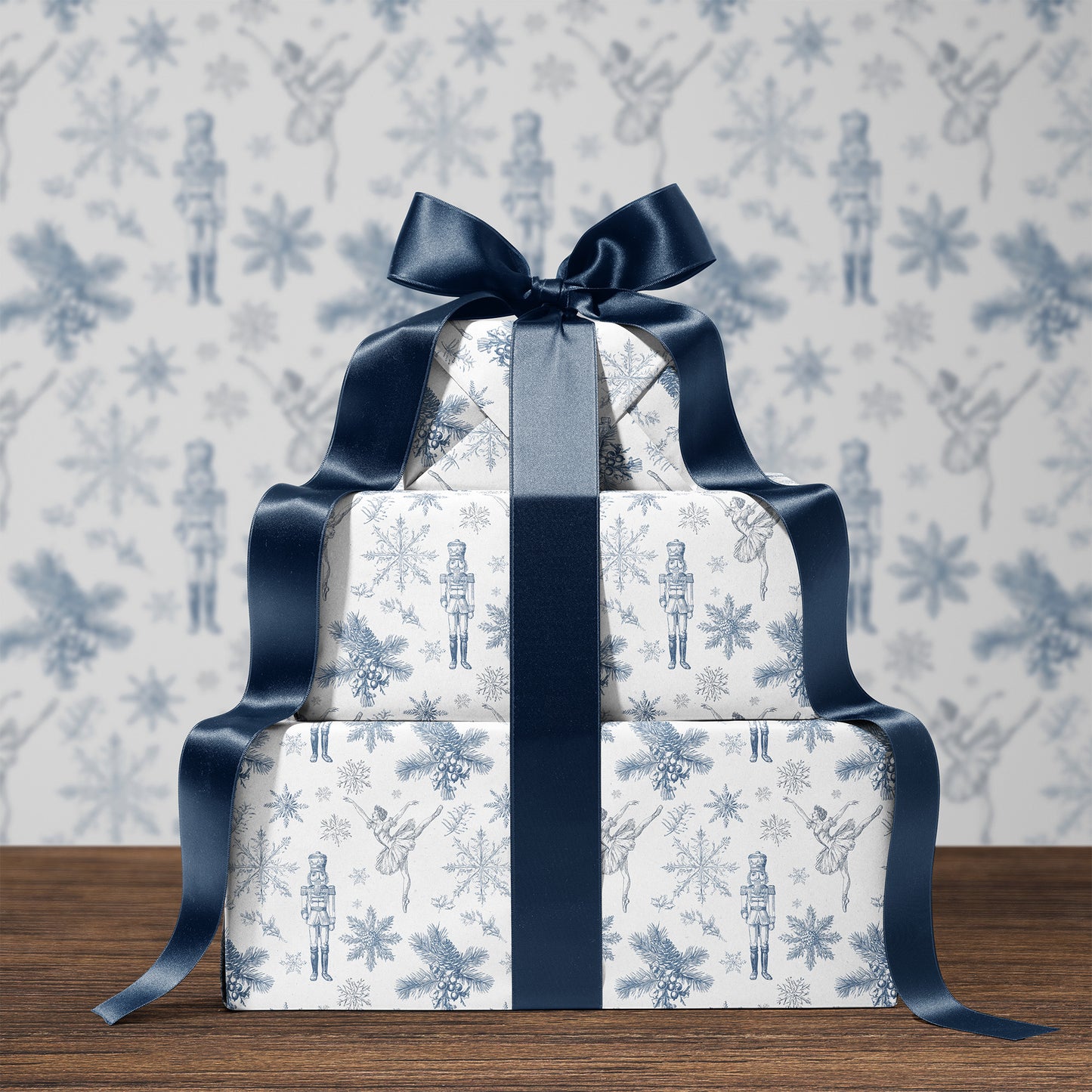 Blue Nutcracker and Ballerina Toile de Jouy Vintage Christmas Gift Wrapping Paper Sheets