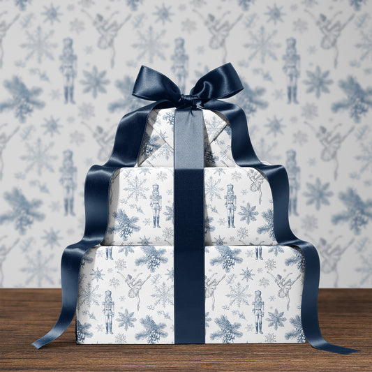 Blue Nutcracker and Ballerina Toile de Jouy Vintage Christmas Gift Wrapping Paper Sheets