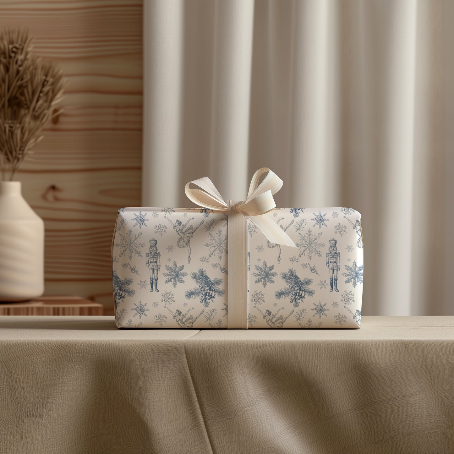 Blue Nutcracker and Ballerina Toile de Jouy Vintage Christmas Gift Wrapping Paper Sheets