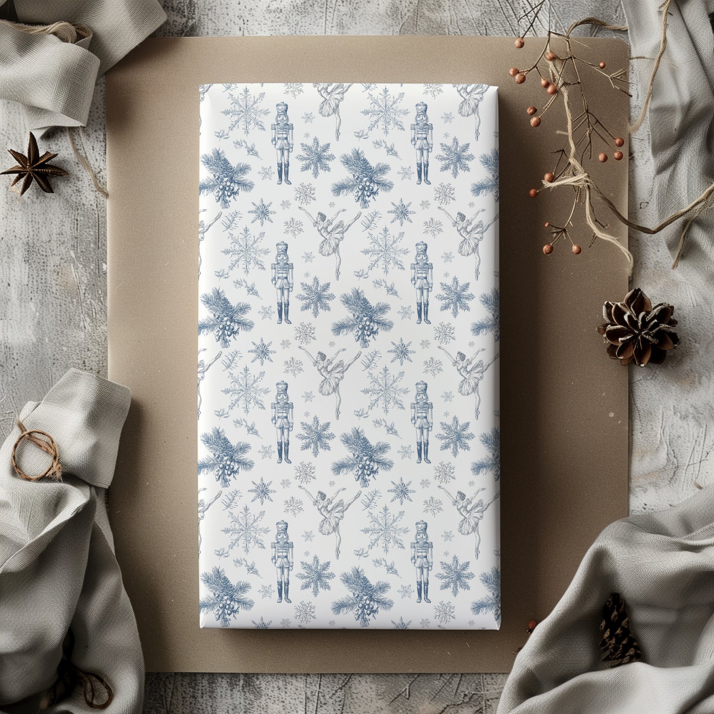 Blue Nutcracker and Ballerina Toile de Jouy Vintage Christmas Gift Wrapping Paper Sheets