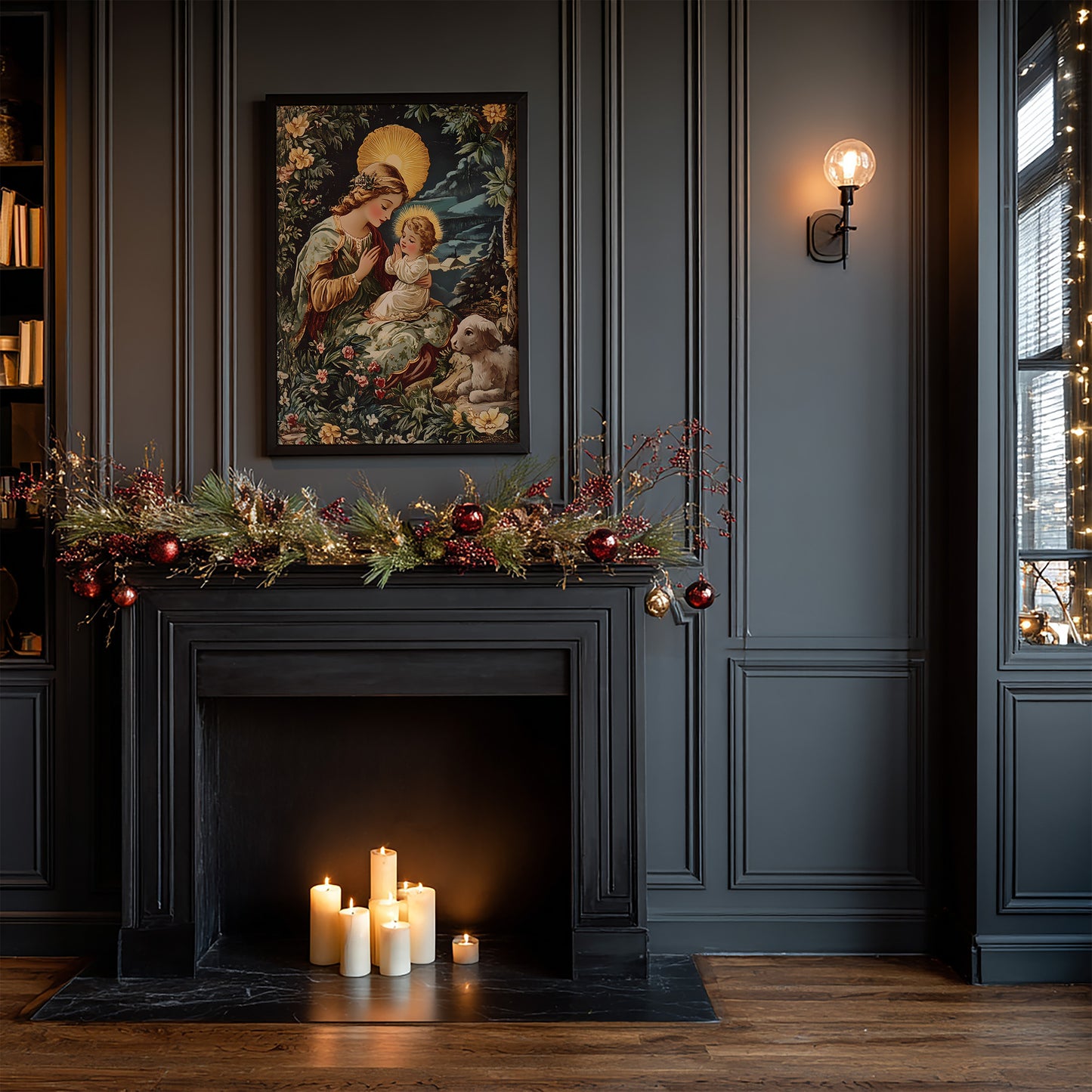 Virgin Mary and Baby Jesus Winter Scene Matte Vertical Poster Art Print