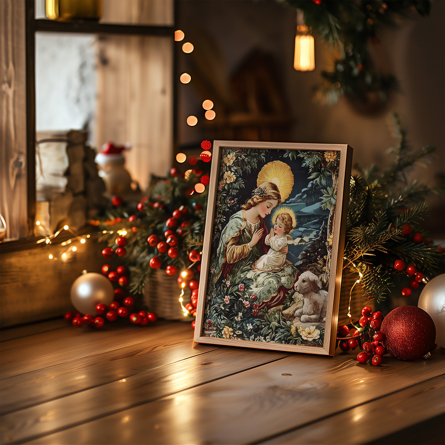 Virgin Mary and Baby Jesus Winter Scene Matte Vertical Poster Art Print
