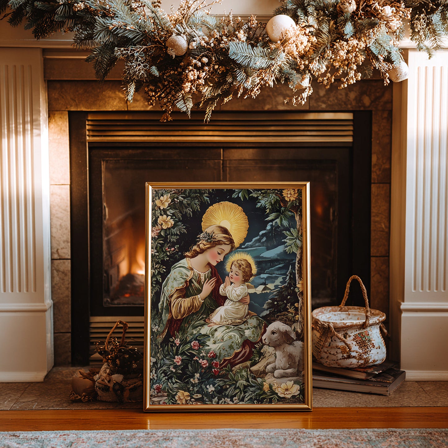 Virgin Mary and Baby Jesus Winter Scene Matte Vertical Poster Art Print
