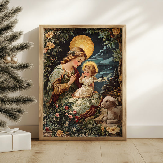 Virgin Mary and Baby Jesus Winter Scene Matte Vertical Poster Art Print