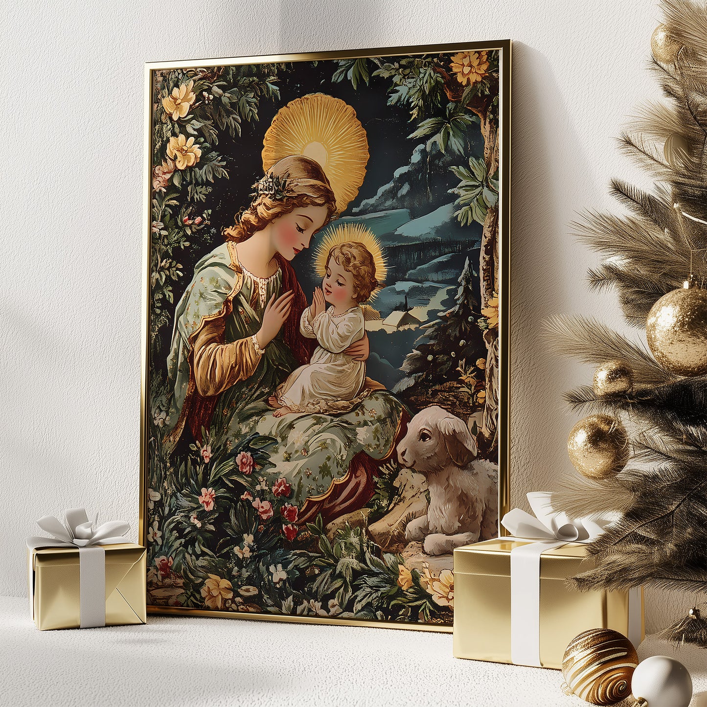 Virgin Mary and Baby Jesus Winter Scene Matte Vertical Poster Art Print