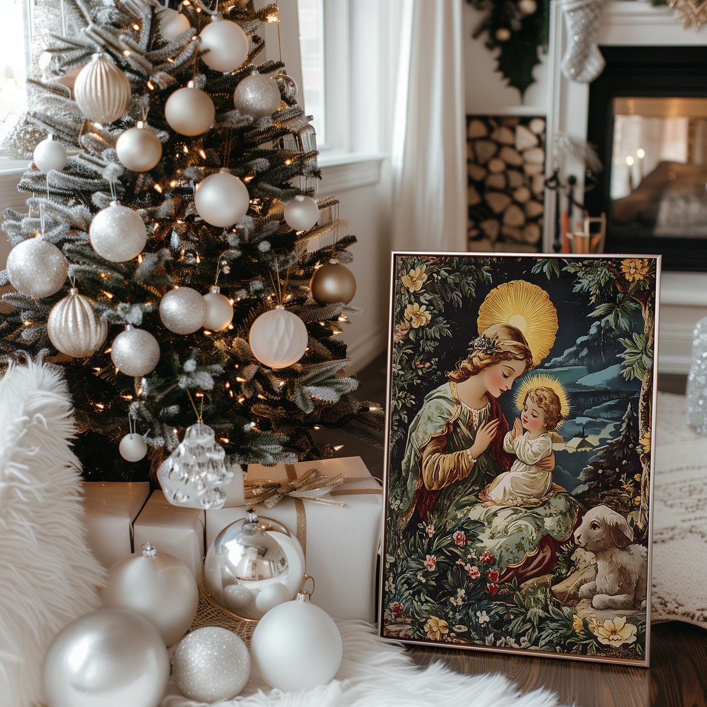 Virgin Mary and Baby Jesus Winter Scene Matte Vertical Poster Art Print