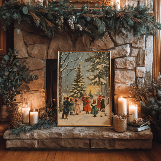 Retro Kids Caroling by Snowy Christmas Tree Matte Vertical Poster Art Print