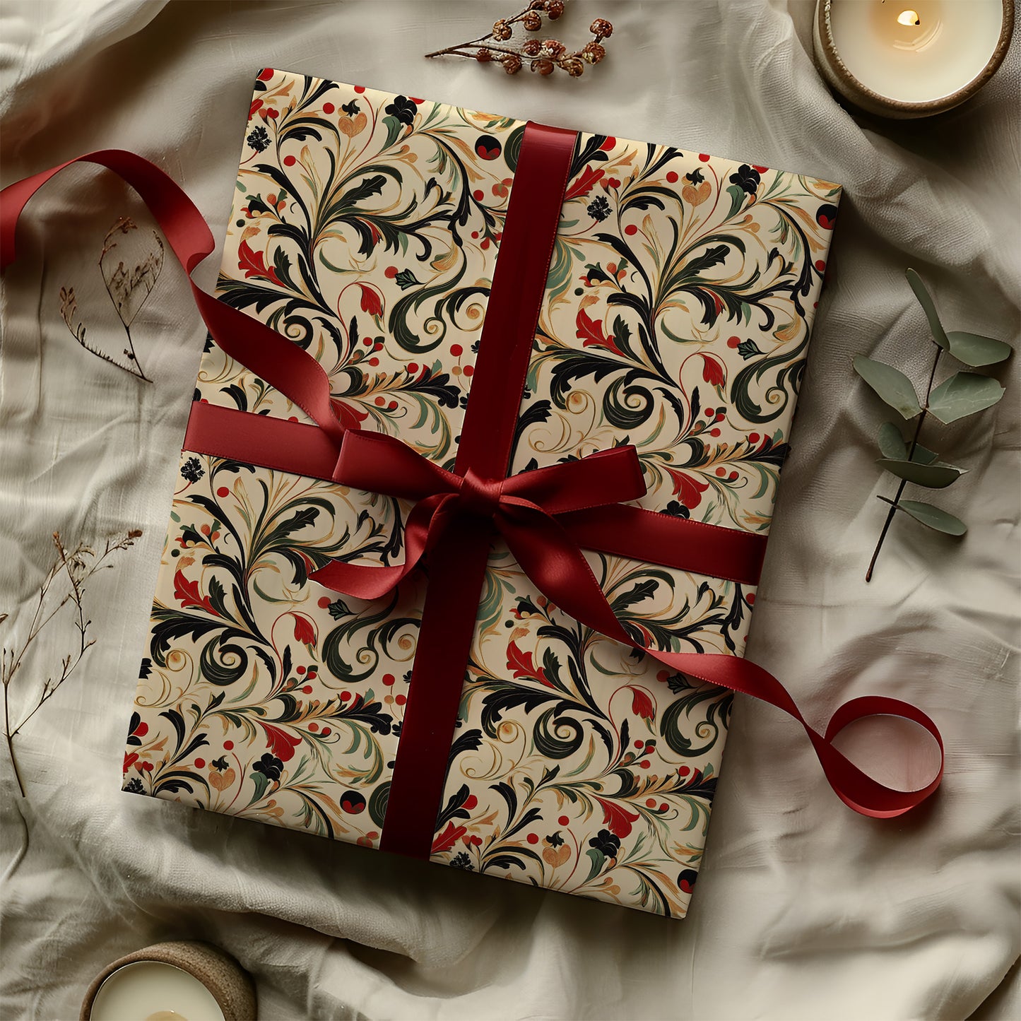 Vintage Red, Green, and Gold Christmas Swirl Print Gift Wrapping Paper Sheets