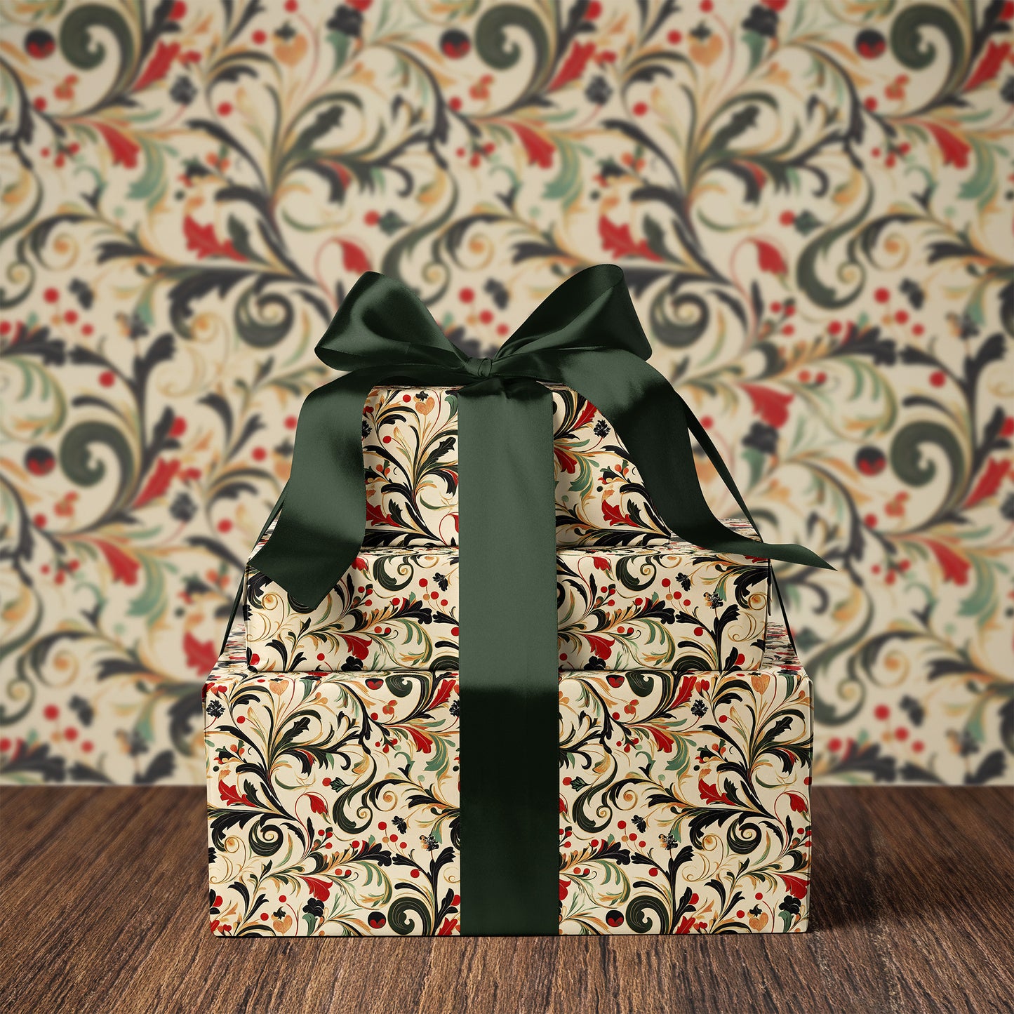 Vintage Red, Green, and Gold Christmas Swirl Print Gift Wrapping Paper Sheets