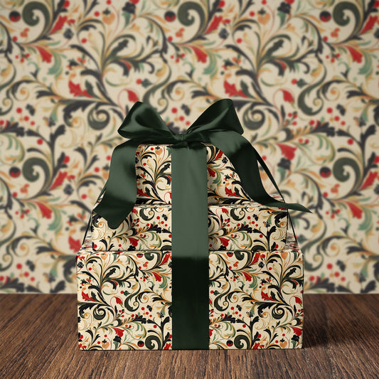 Vintage Red, Green, and Gold Christmas Swirl Print Gift Wrapping Paper Sheets