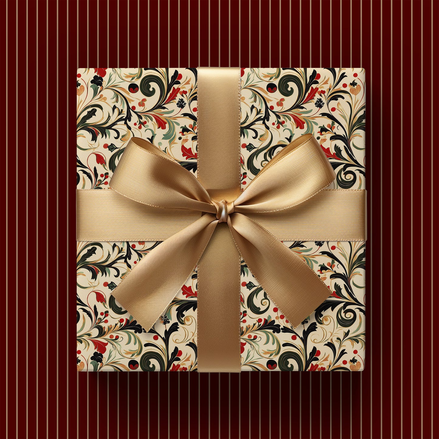 Vintage Red, Green, and Gold Christmas Swirl Print Gift Wrapping Paper Sheets