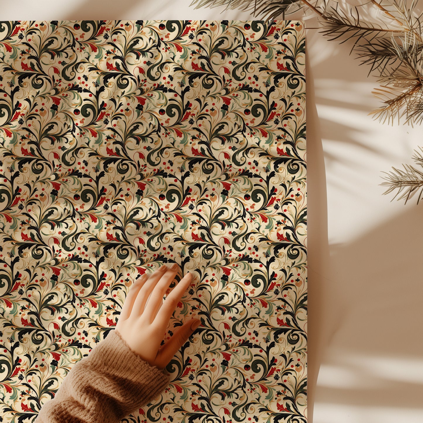 Vintage Red, Green, and Gold Christmas Swirl Print Gift Wrapping Paper Sheets