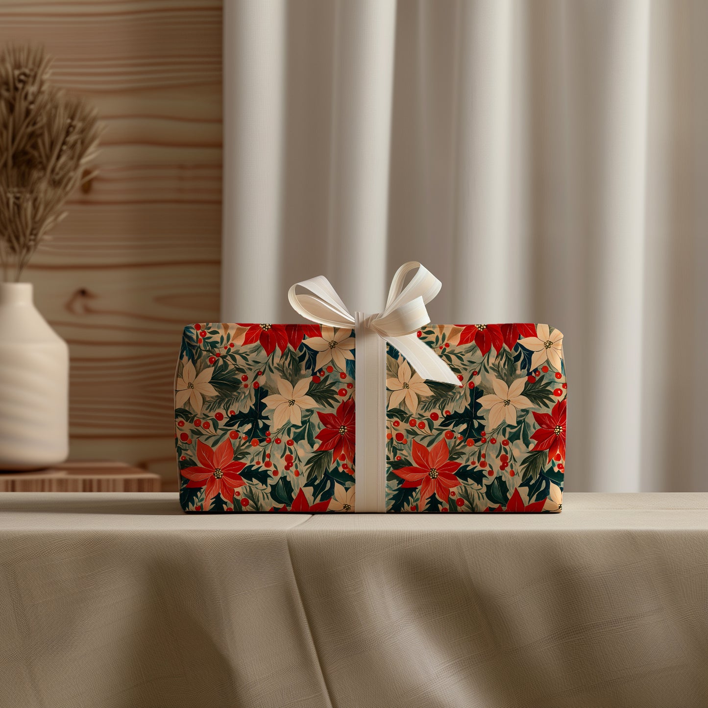 Retro Poinsettia and Greenery Christmas Gift Wrapping Paper Sheets