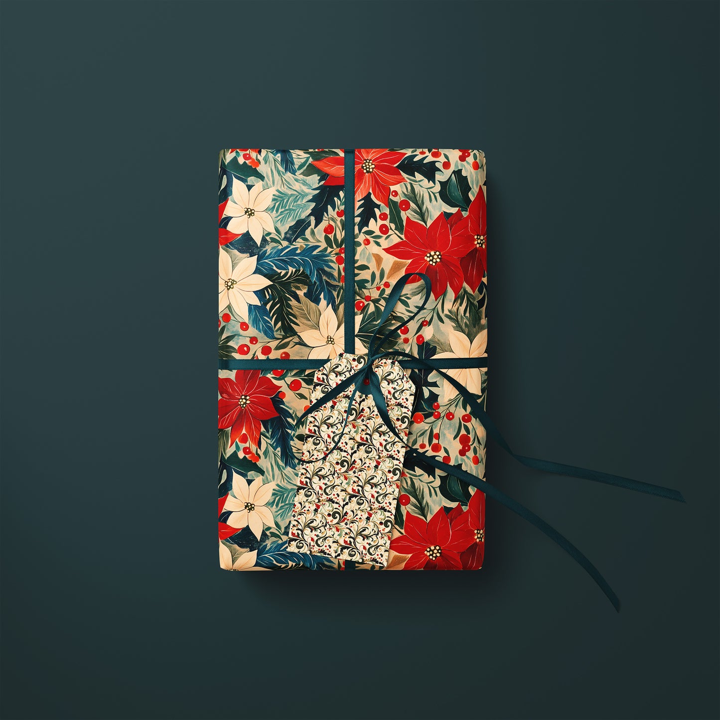 Retro Poinsettia and Greenery Christmas Gift Wrapping Paper Sheets