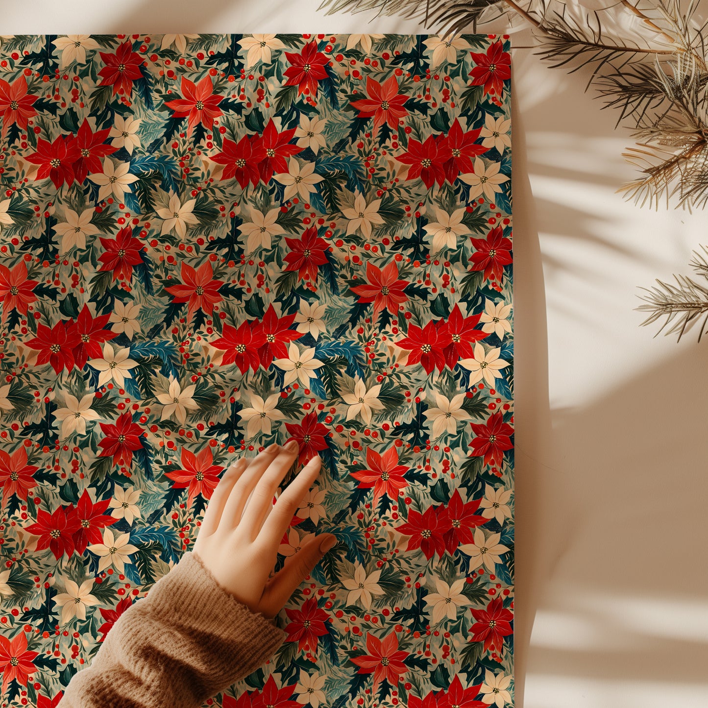 Retro Poinsettia and Greenery Christmas Gift Wrapping Paper Sheets