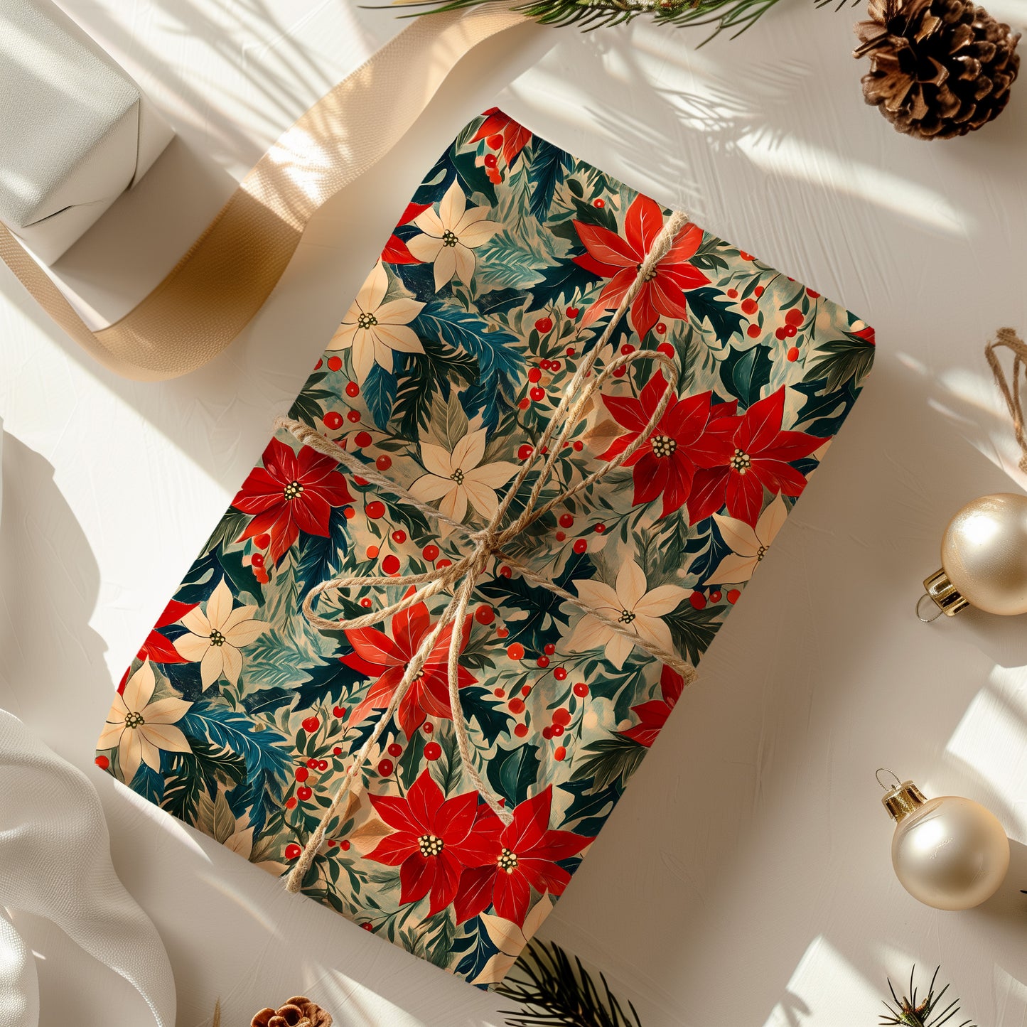 Retro Poinsettia and Greenery Christmas Gift Wrapping Paper Sheets