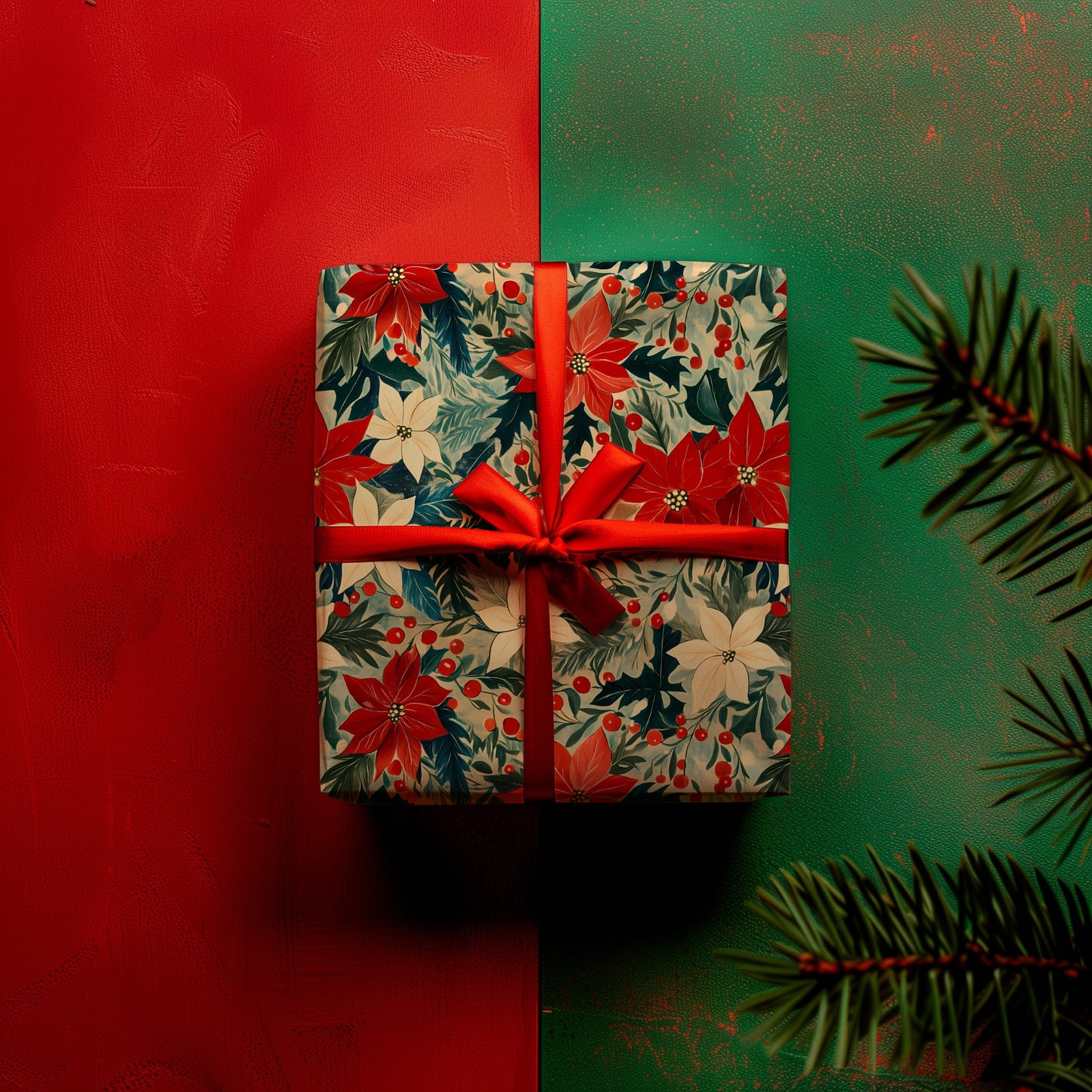 Retro Poinsettia and Greenery Christmas Gift Wrapping Paper Sheets