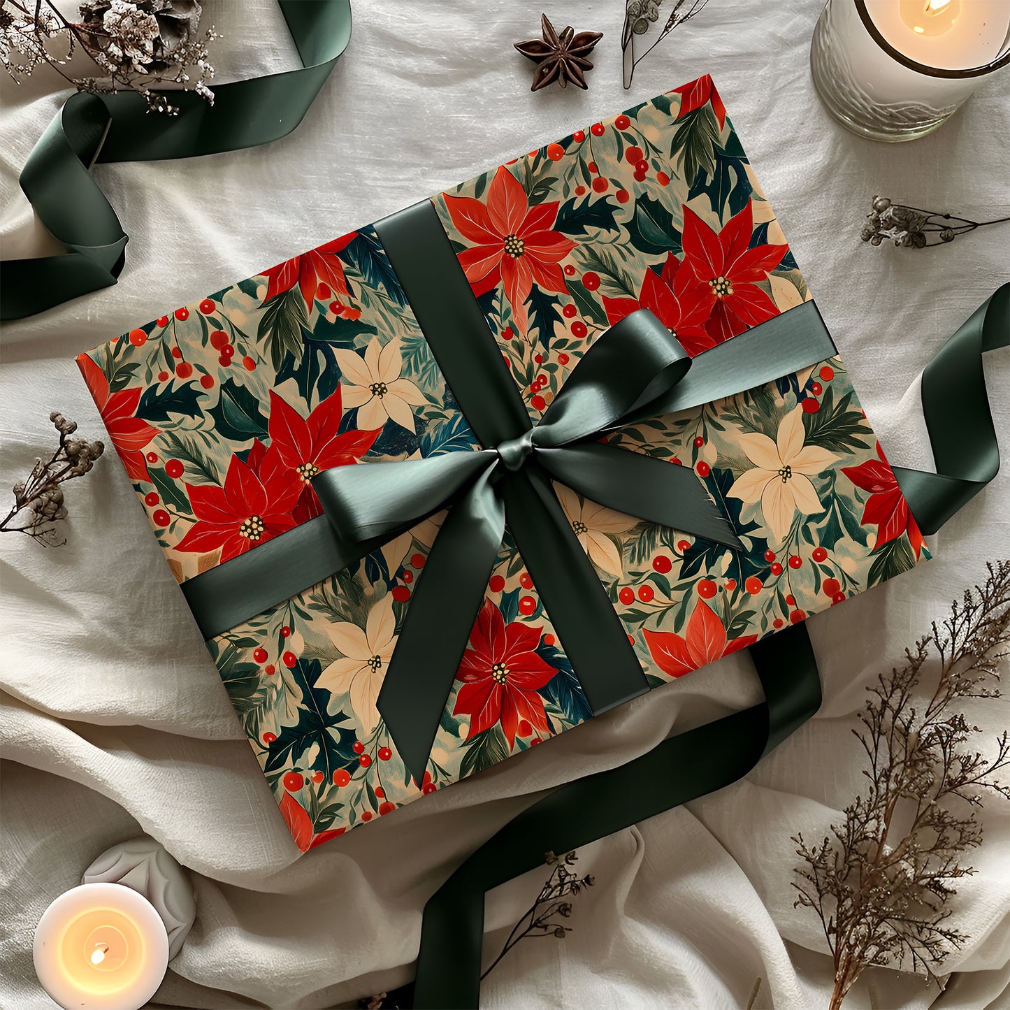 Retro Poinsettia and Greenery Christmas Gift Wrapping Paper Sheets