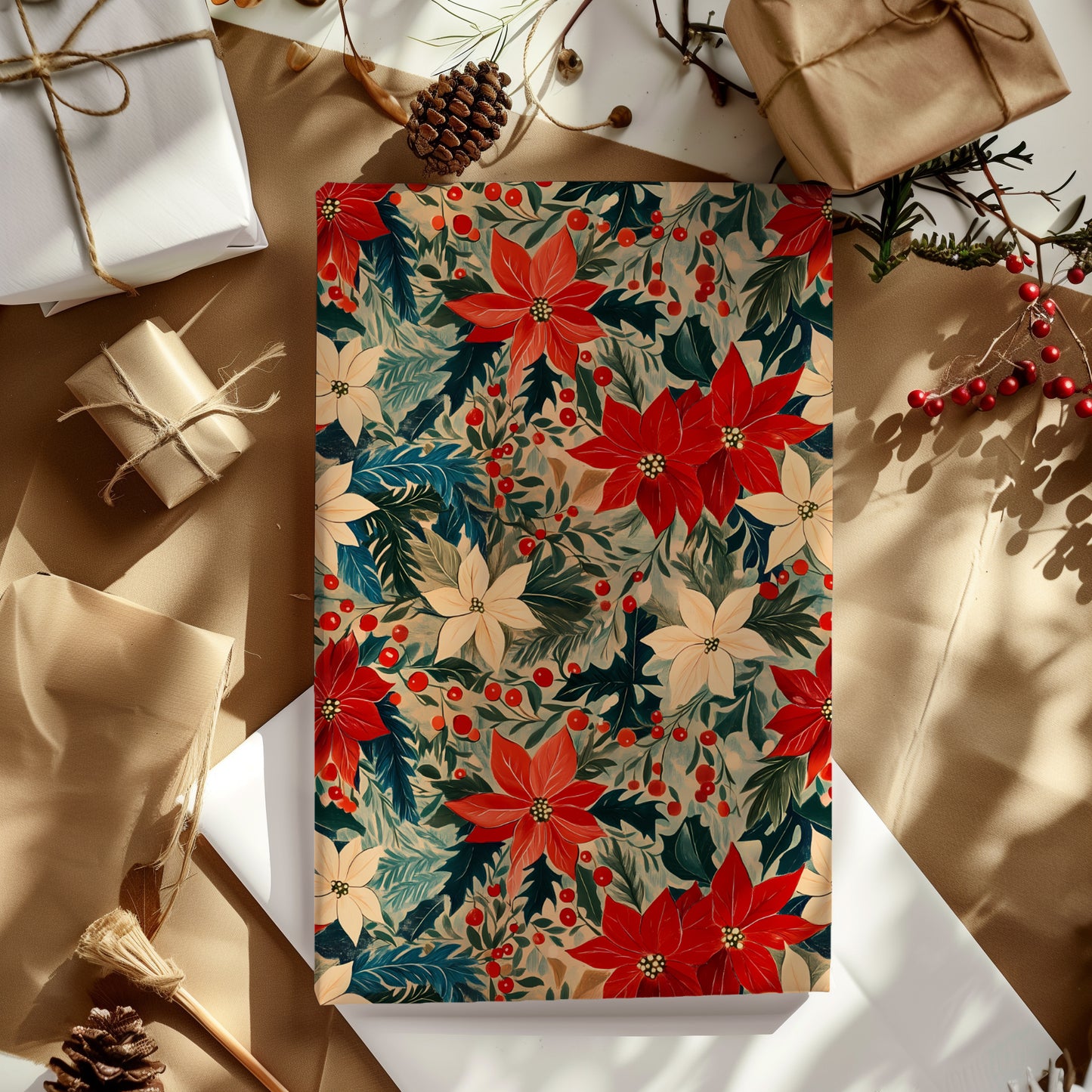 Retro Poinsettia and Greenery Christmas Gift Wrapping Paper Sheets