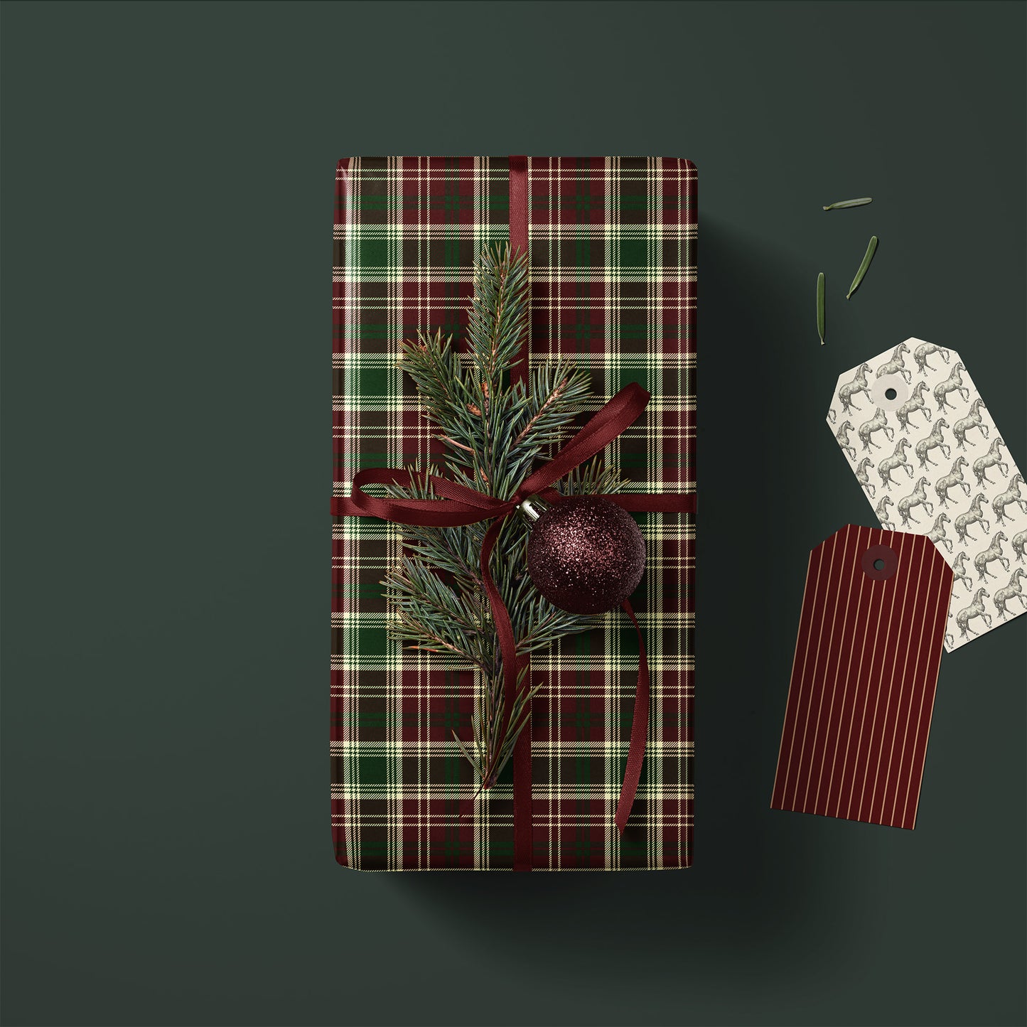 Burgundy Red, Green and Cream Plaid Christmas Gift Wrapping Paper Sheets