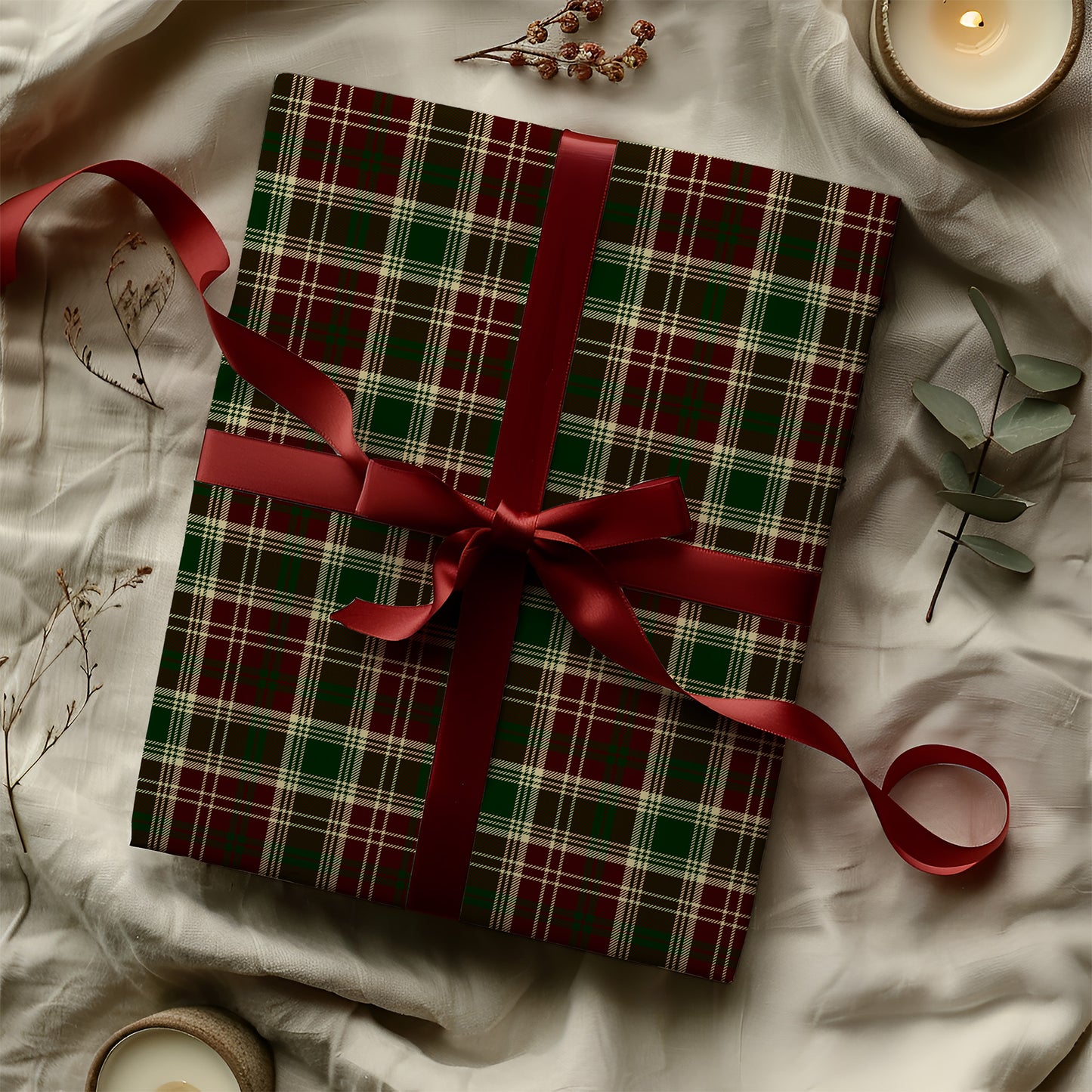 Burgundy Red, Green and Cream Plaid Christmas Gift Wrapping Paper Sheets