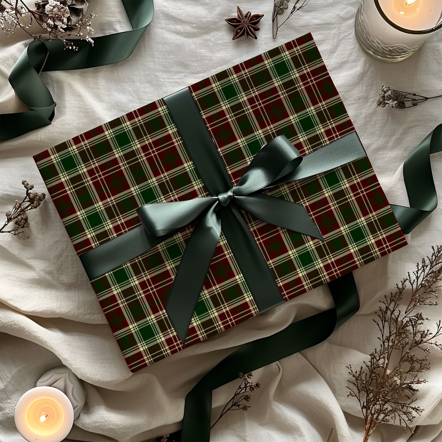 Burgundy Red, Green and Cream Plaid Christmas Gift Wrapping Paper Sheets