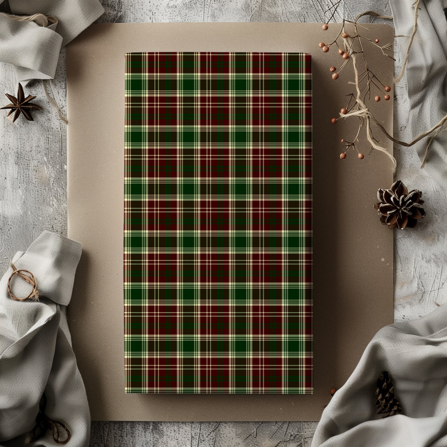 Burgundy Red, Green and Cream Plaid Christmas Gift Wrapping Paper Sheets
