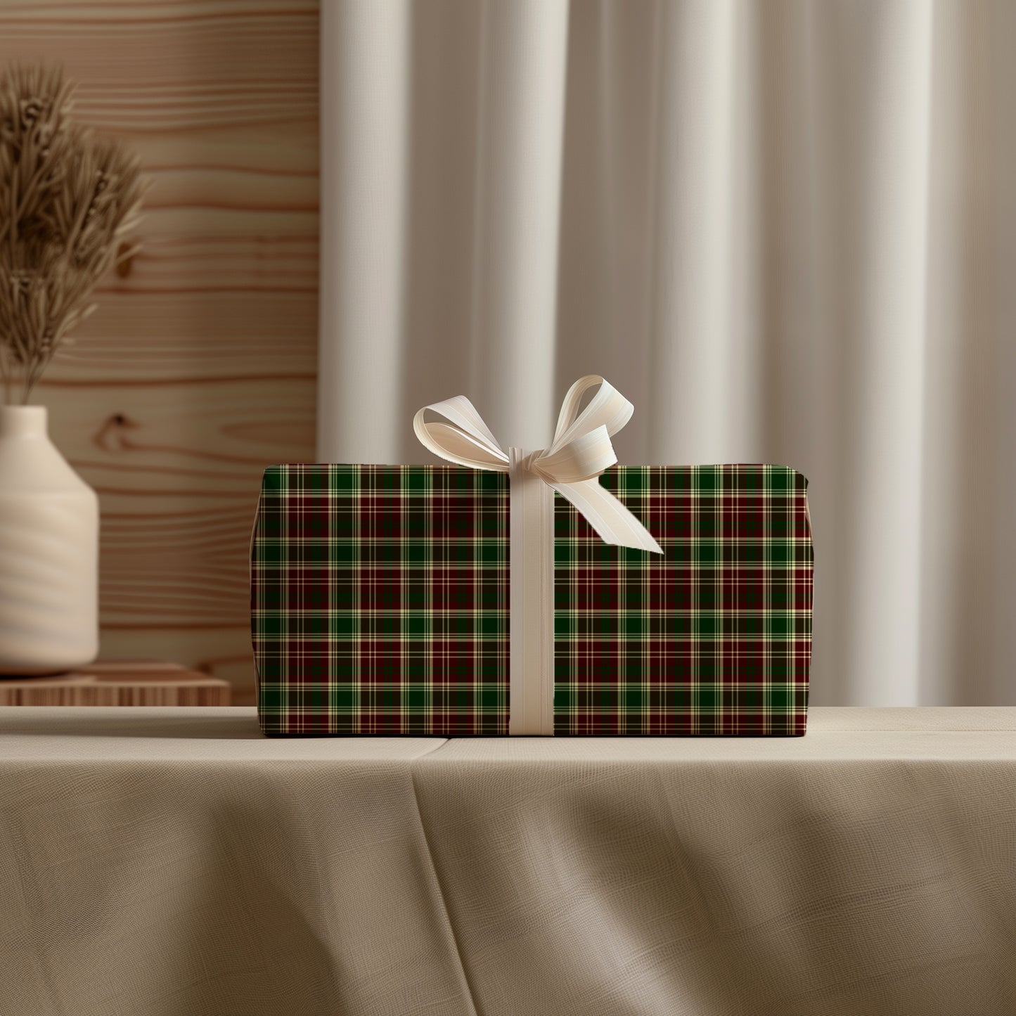 Burgundy Red, Green and Cream Plaid Christmas Gift Wrapping Paper Sheets