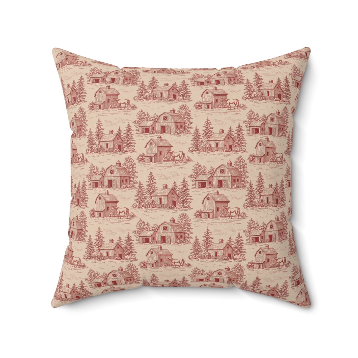 Red Barn Vintage Toile de Jouy Print Holiday Christmas Square Throw Pillow