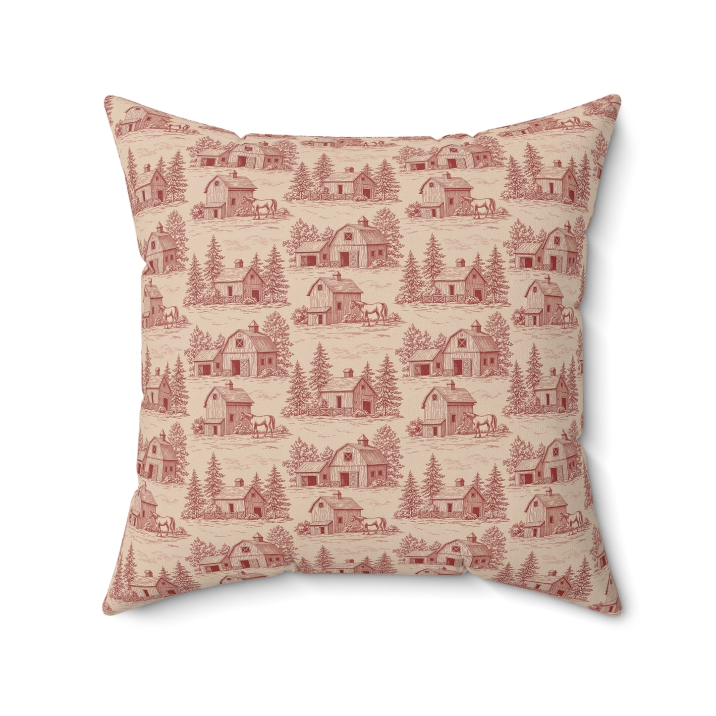Red Barn Vintage Toile de Jouy Print Holiday Christmas Square Throw Pillow