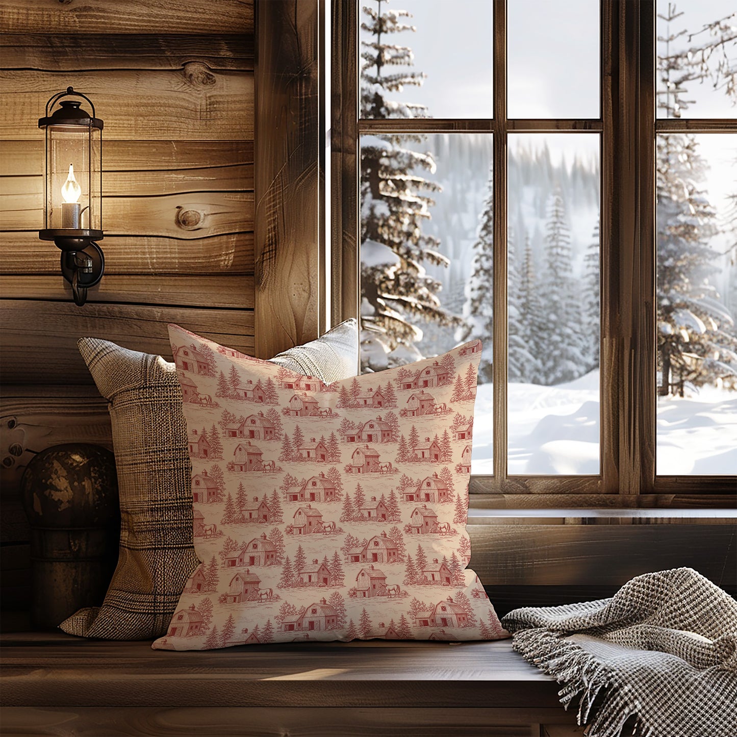 Red Barn Vintage Toile de Jouy Print Holiday Christmas Square Throw Pillow