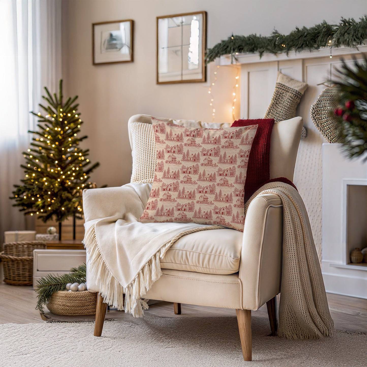 Red Barn Vintage Toile de Jouy Print Holiday Christmas Square Throw Pillow