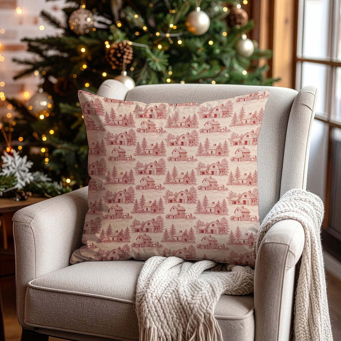 Red Barn Vintage Toile de Jouy Print Holiday Christmas Square Throw Pillow