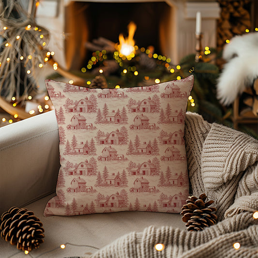 Red Barn Vintage Toile de Jouy Print Holiday Christmas Square Throw Pillow
