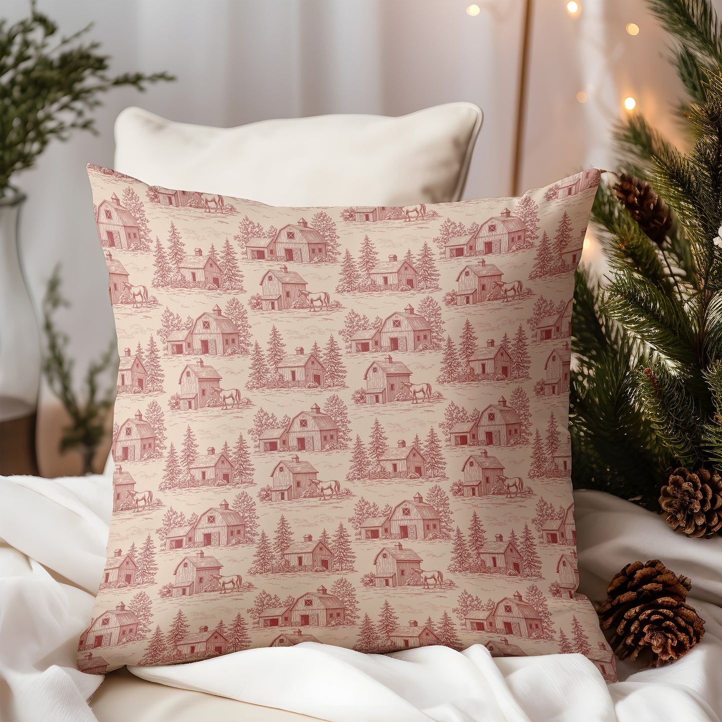 Red Barn Vintage Toile de Jouy Print Holiday Christmas Square Throw Pillow