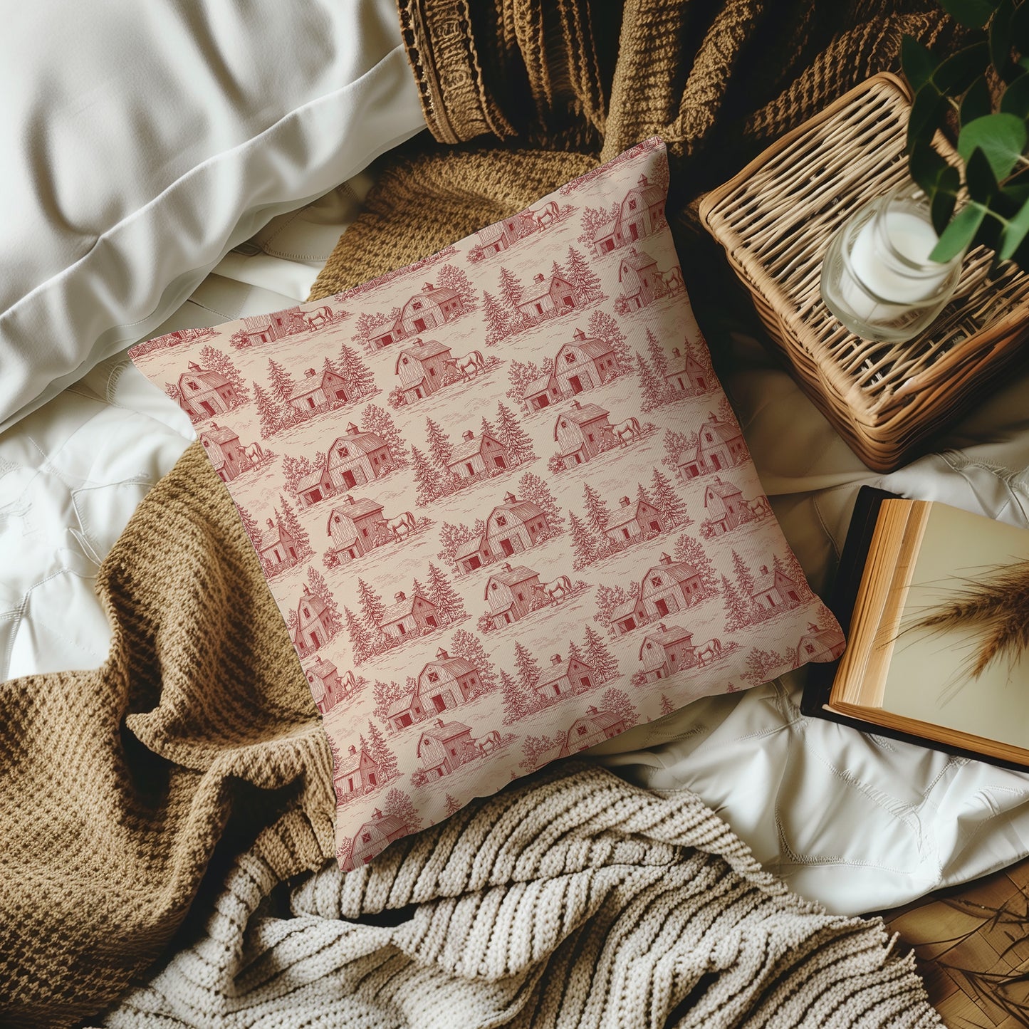 Red Barn Vintage Toile de Jouy Print Holiday Christmas Square Throw Pillow