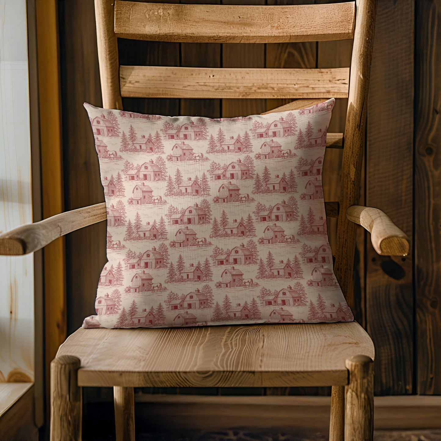 Red Barn Vintage Toile de Jouy Print Holiday Christmas Square Throw Pillow