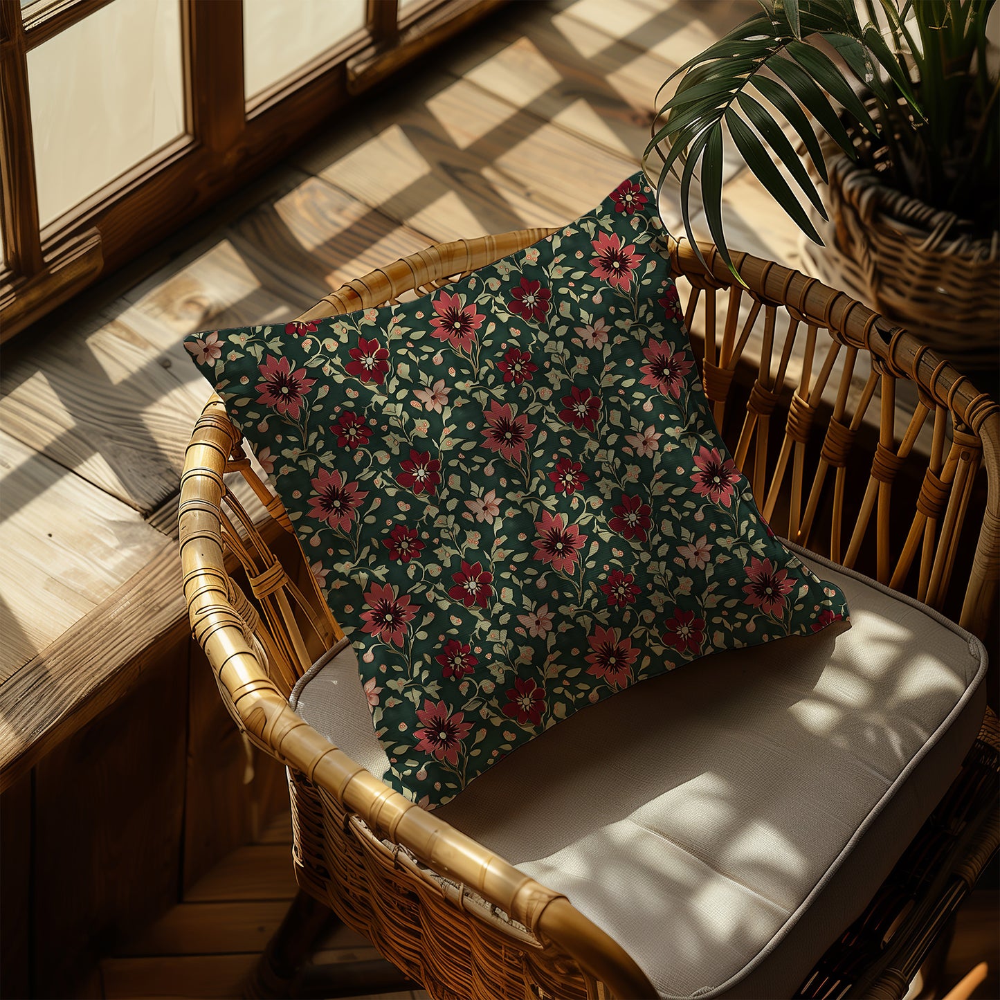 Burgundy Red and Green Dark Holiday Floral Square Throw Pillow