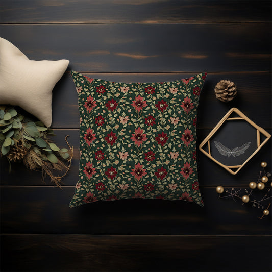 Burgundy Red and Green Dark Holiday Floral Square Throw Pillow