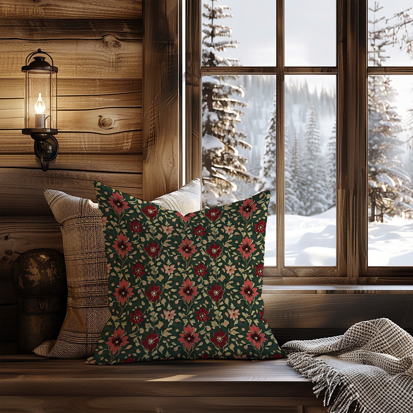 Burgundy Red and Green Dark Holiday Floral Square Throw Pillow