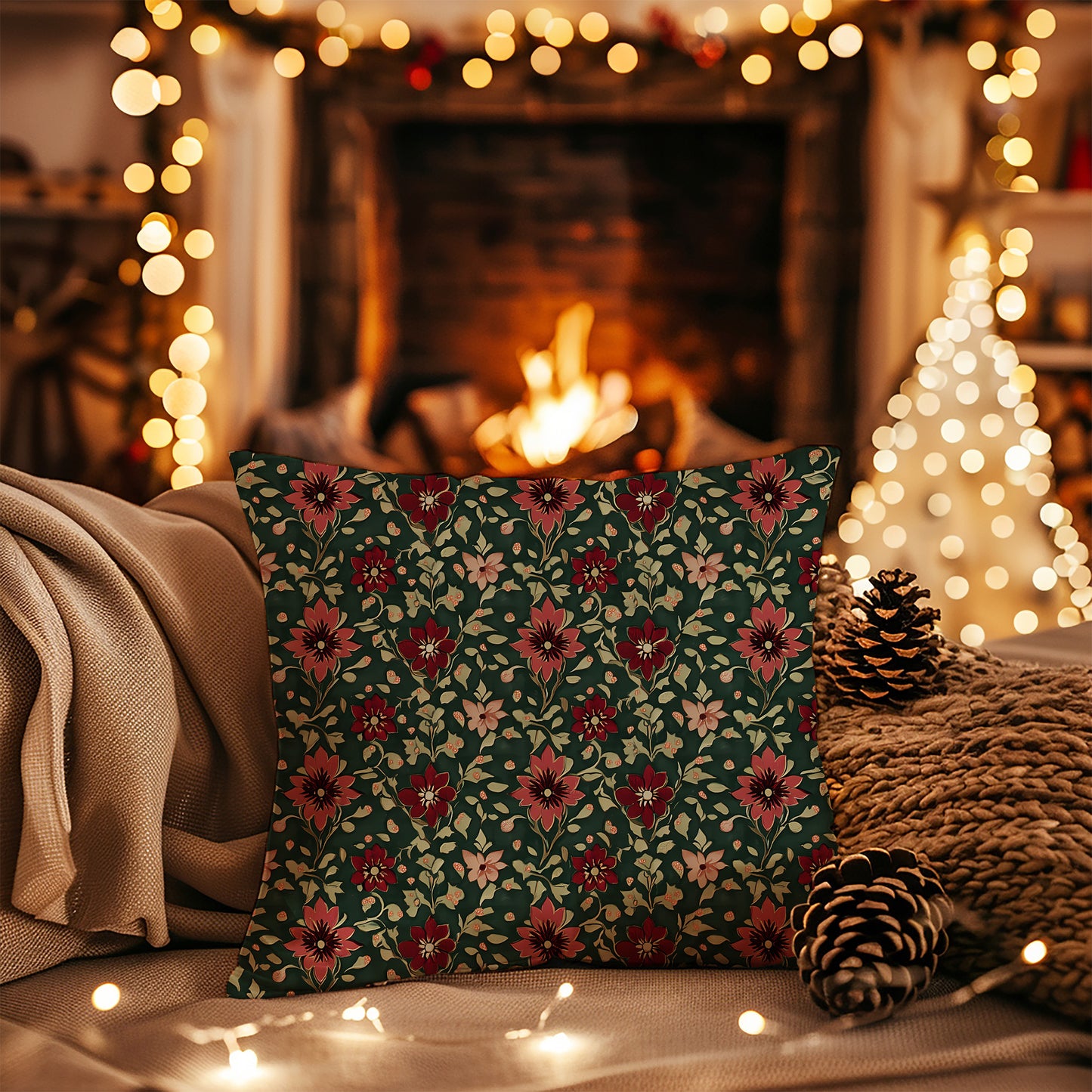 Burgundy Red and Green Dark Holiday Floral Square Throw Pillow