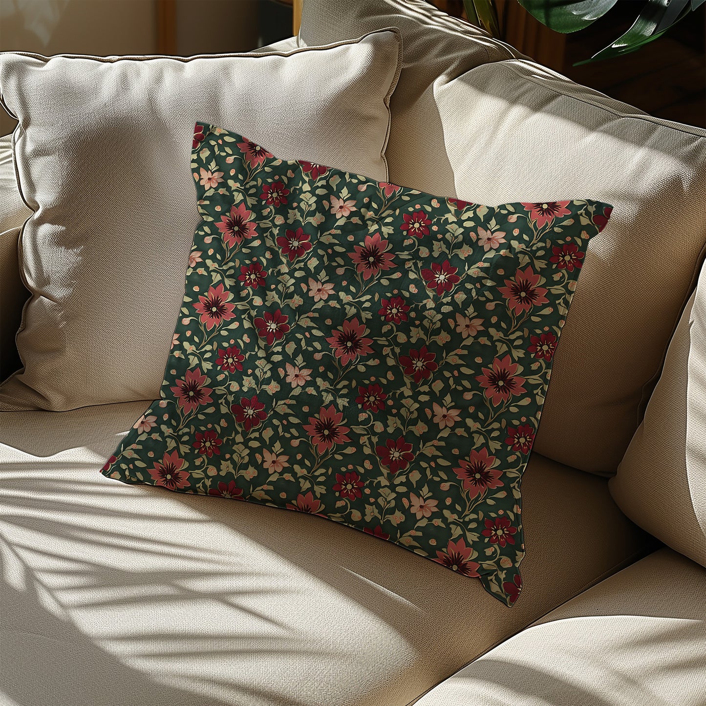 Burgundy Red and Green Dark Holiday Floral Square Throw Pillow