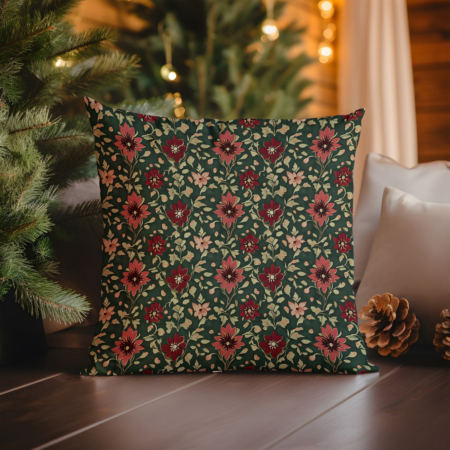 Burgundy Red and Green Dark Holiday Floral Square Throw Pillow