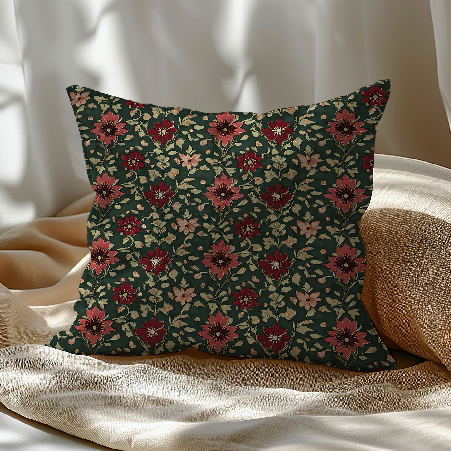 Burgundy Red and Green Dark Holiday Floral Square Throw Pillow